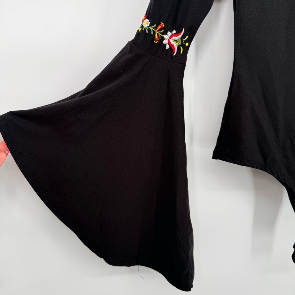 Boho Floral Embroidered Bodysuit Small S Bell Sleeve Hippie Festival WhimsiGoth - Picture 9 of 16